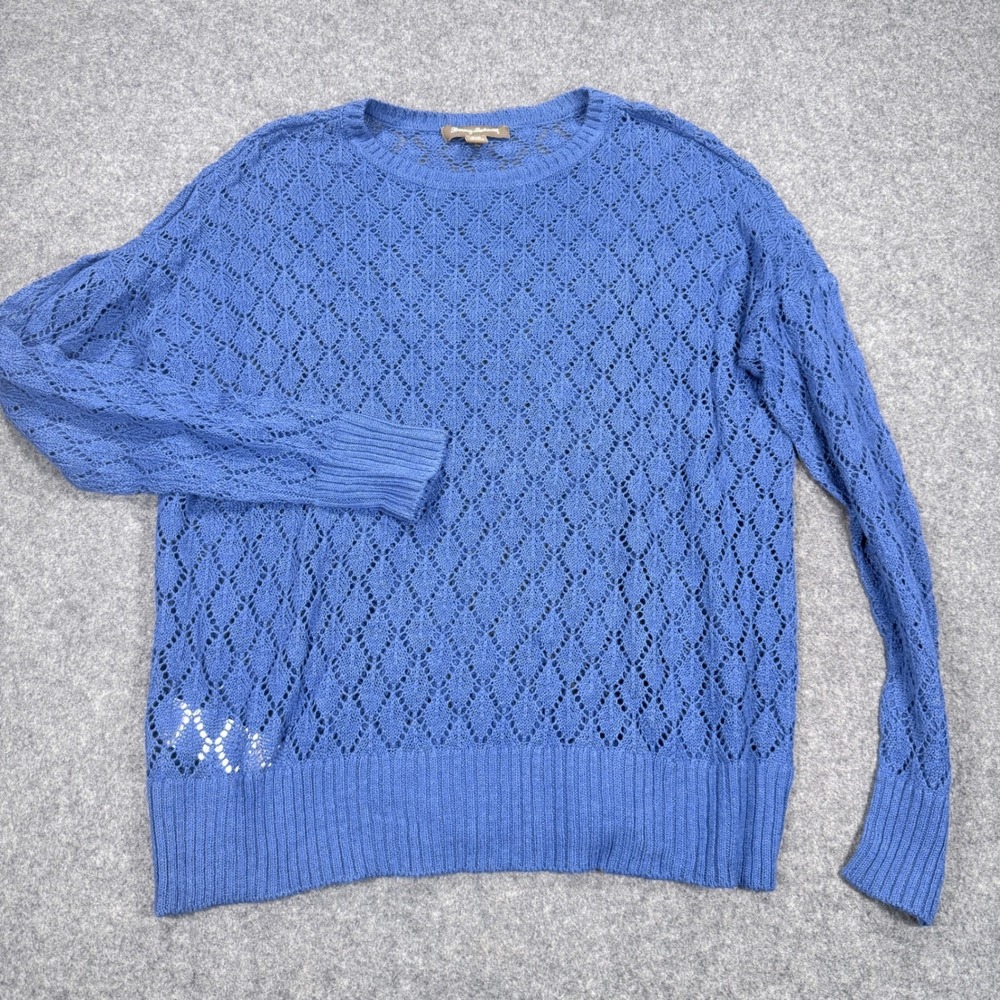 Tommy Bahama Blue Pointelle Open Knit Linen Cotton Sweater Small